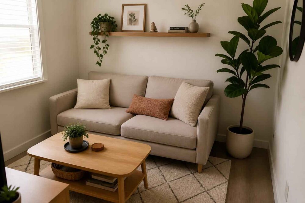 Beżowa sofa w jasnym salonie Beżowa sofa z poduszkami, drewniany stolik i rośliny w jasnym, przytulnym salonie