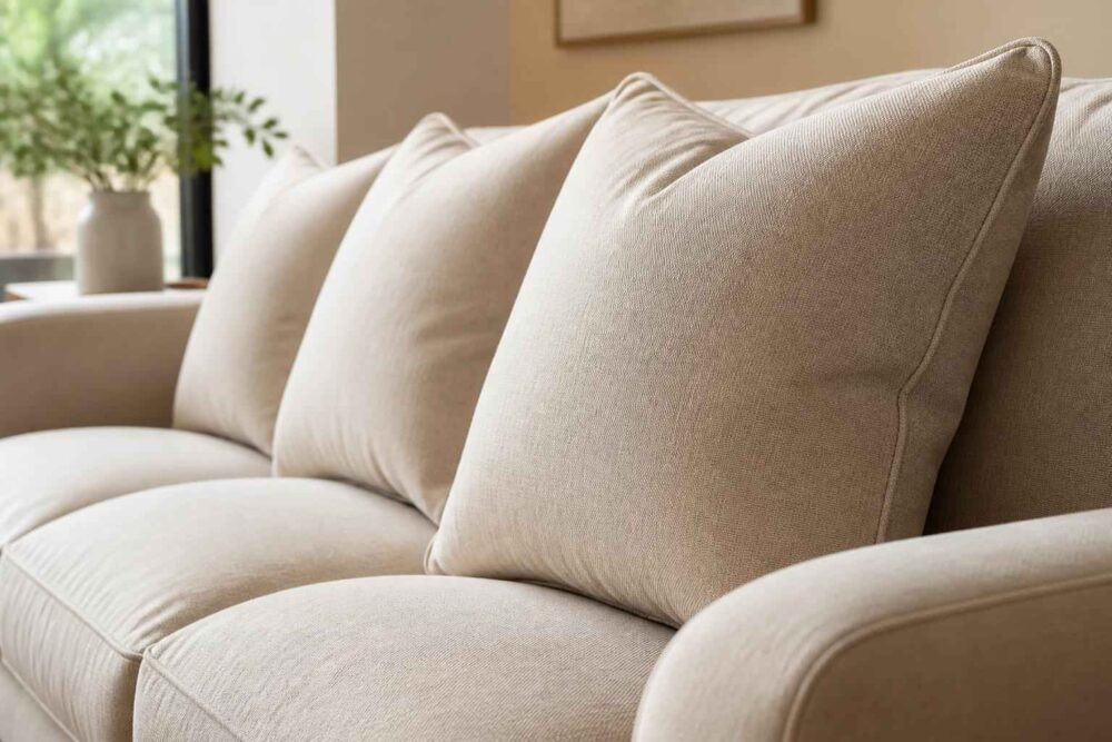 Beżowa sofa z jasnymi poduszkami w przytulnym salonie przy oknie