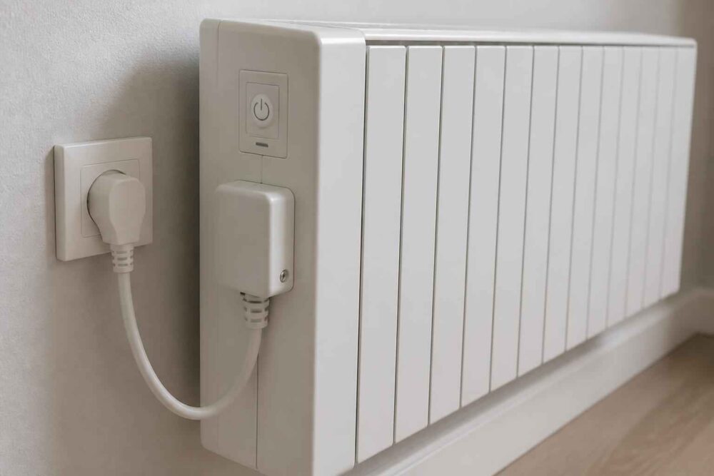 Biały elektryczny grzejnik ścienny podłączony do gniazdka elektrycznego