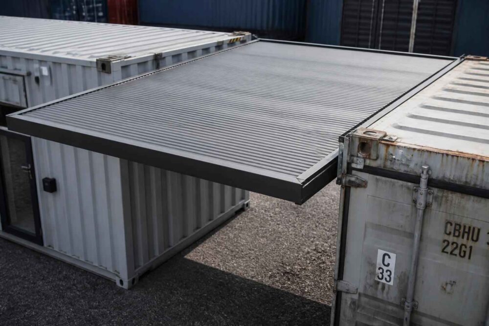 Metalowe kontenery transportowe ustawione na żwirowym placu, widok z góry na ich dachy