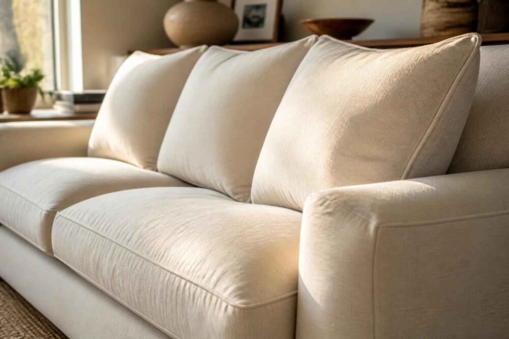 Kremowa sofa z miękkimi poduszkami Kremowa sofa z trzema poduszkami i szerokim podłokietnikiem w jasnym salonie
