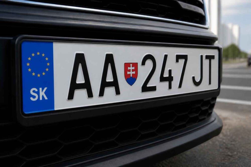 Zbliżenie na słowacką tablicę rejestracyjną AA 247 JT na czarnym samochodzie