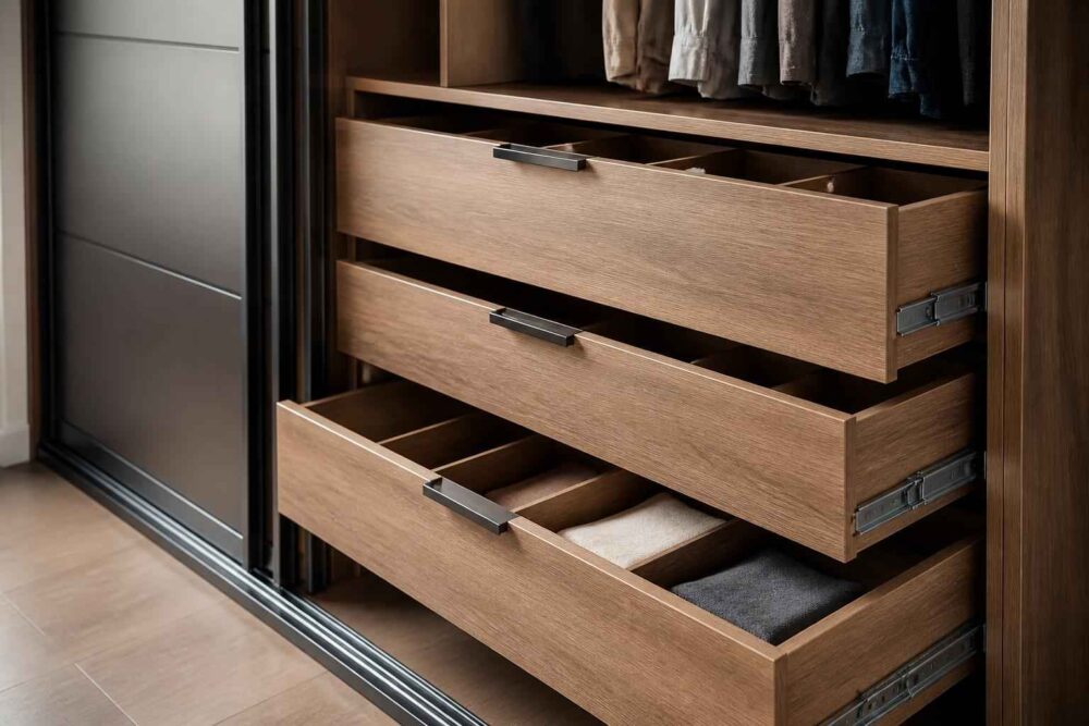 Wysuwane drewniane szuflady w garderobie Trzy otwarte drewniane szuflady garderoby z przegródkami i ubraniami na półce