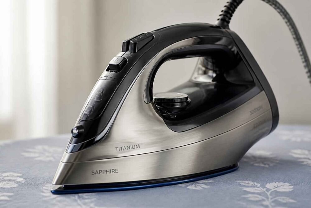 Srebrne żelazko parowe Tefal stojące na desce do prasowania